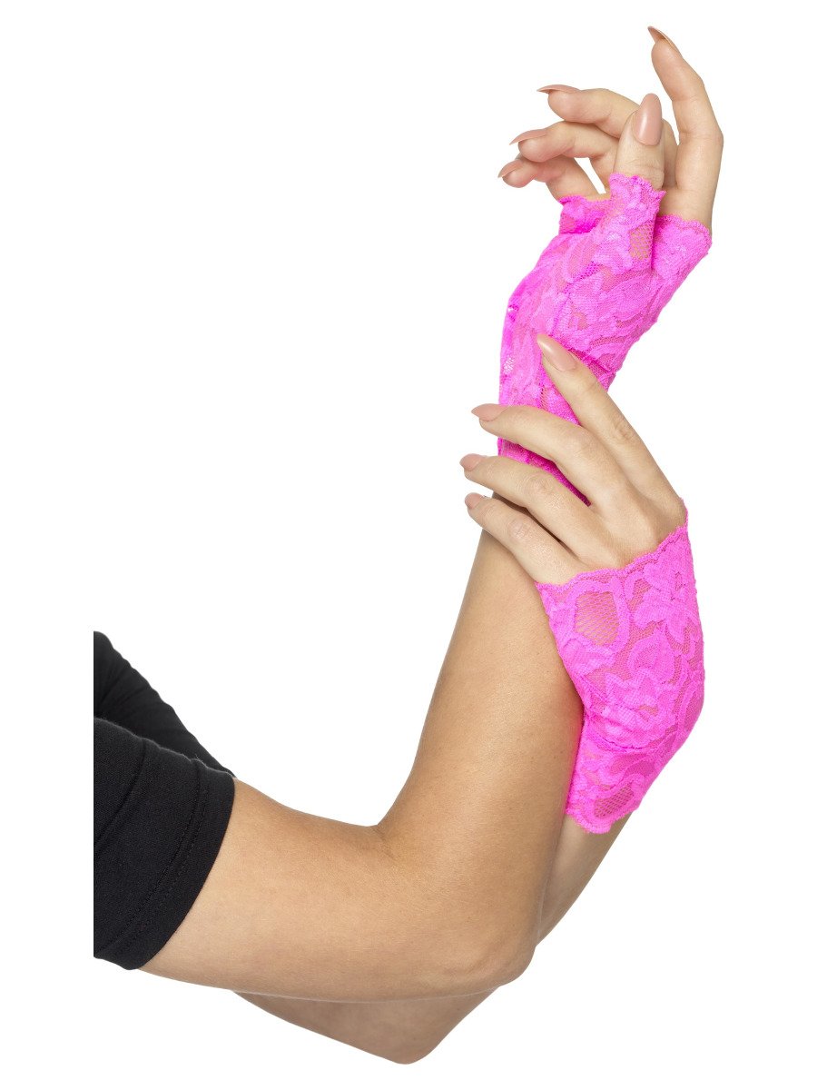 80s Fingerless Lace Gloves, Neon Pink