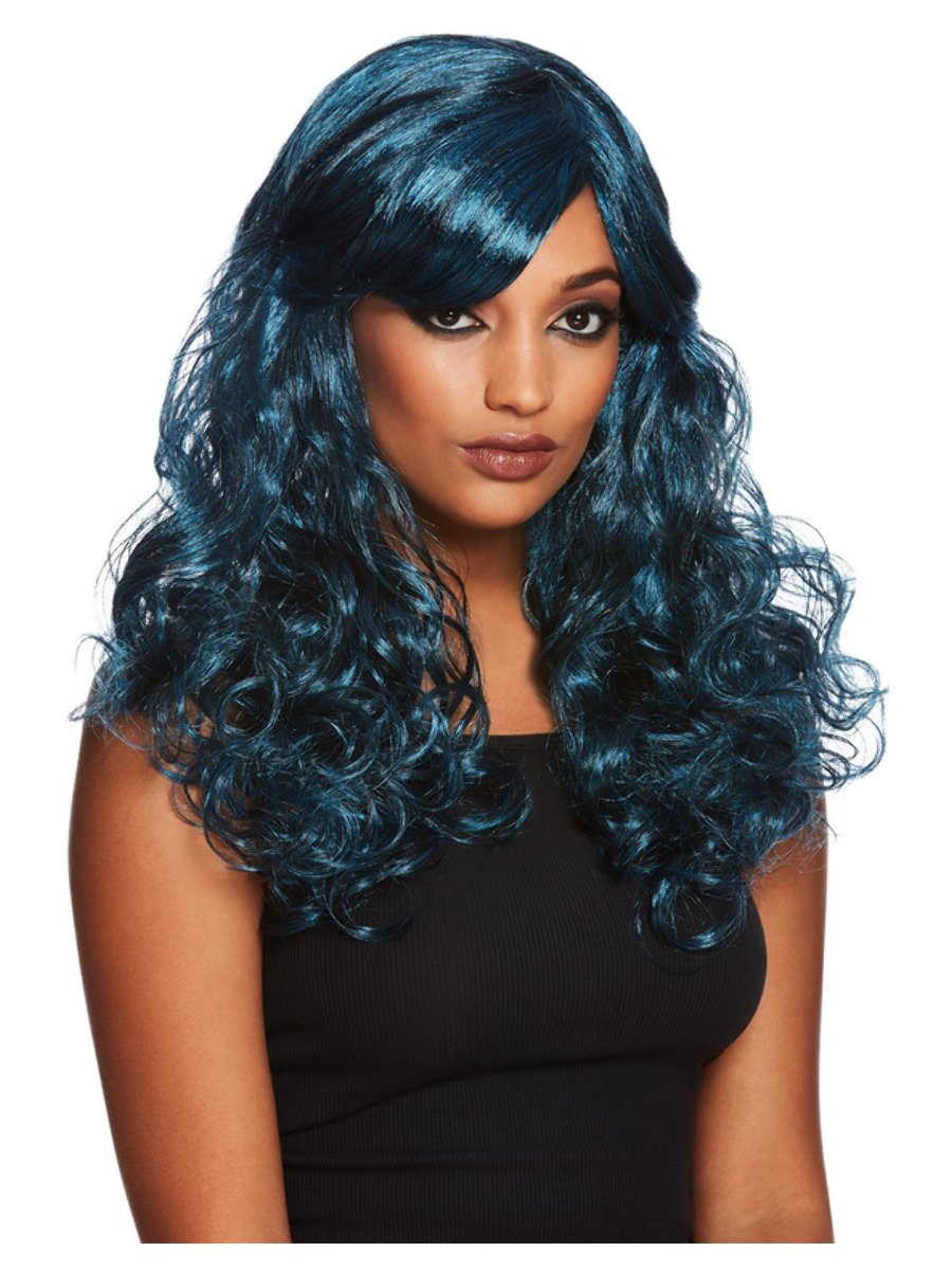 Gothic Seductress Curly Wig, Black & Blue