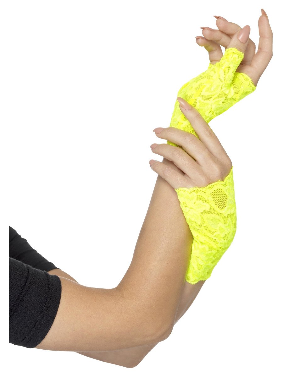 80s Fingerless Lace Gloves, Neon Yellow