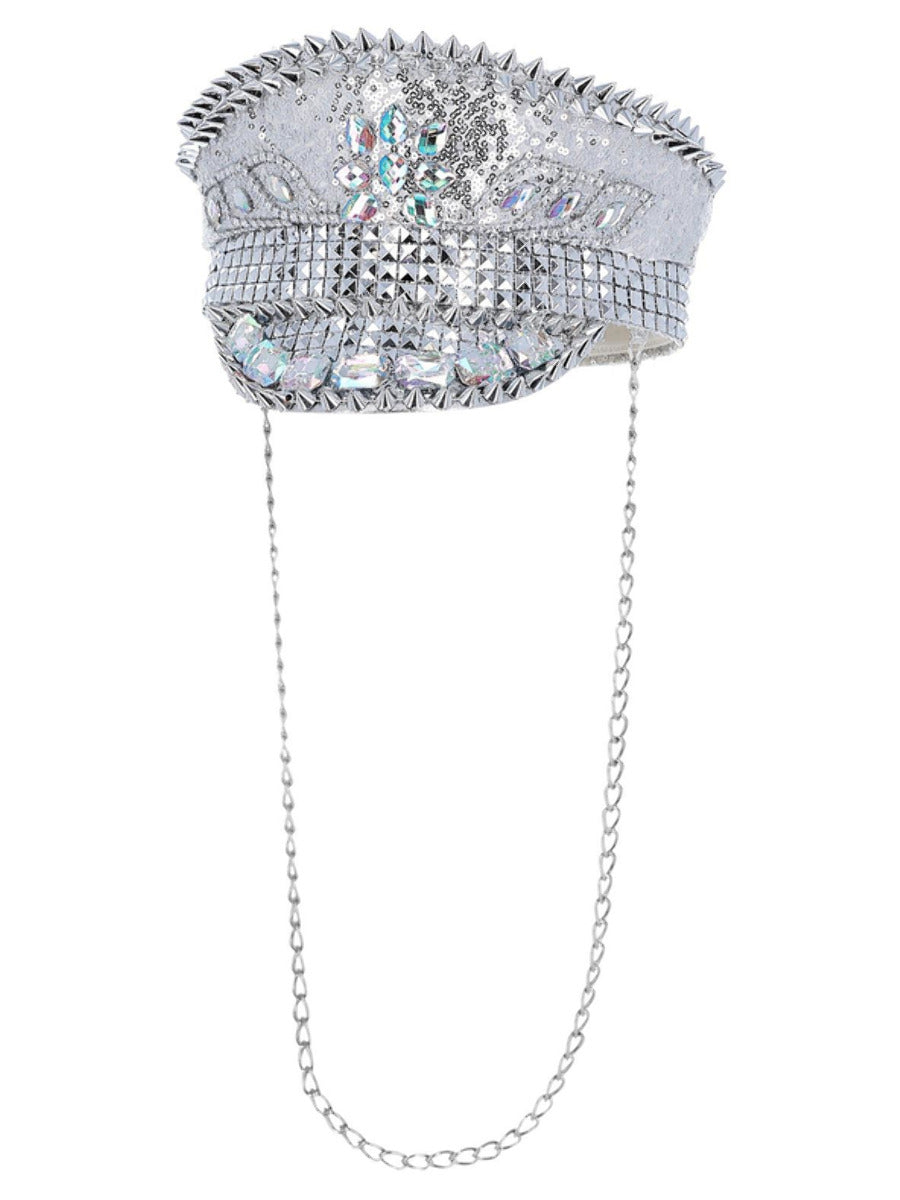 Fever Deluxe Sequin Studded Captains Hat, Silver