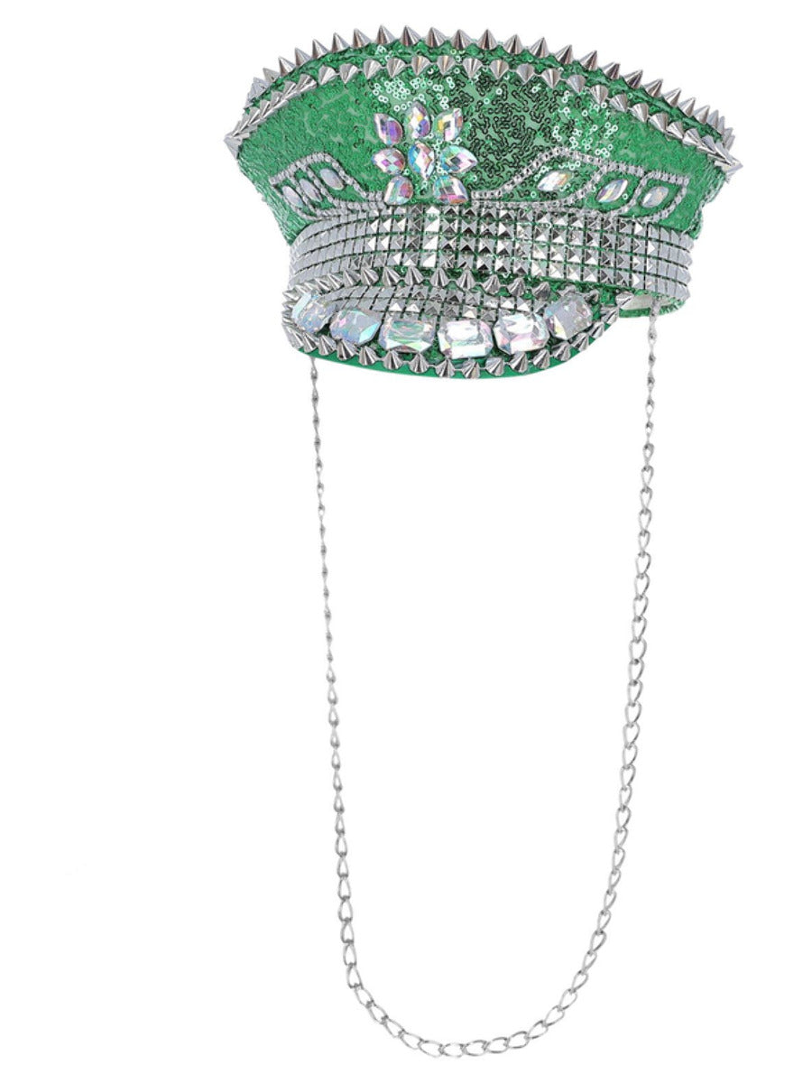 Fever Deluxe Sequin Studded Captains Hat, Green
