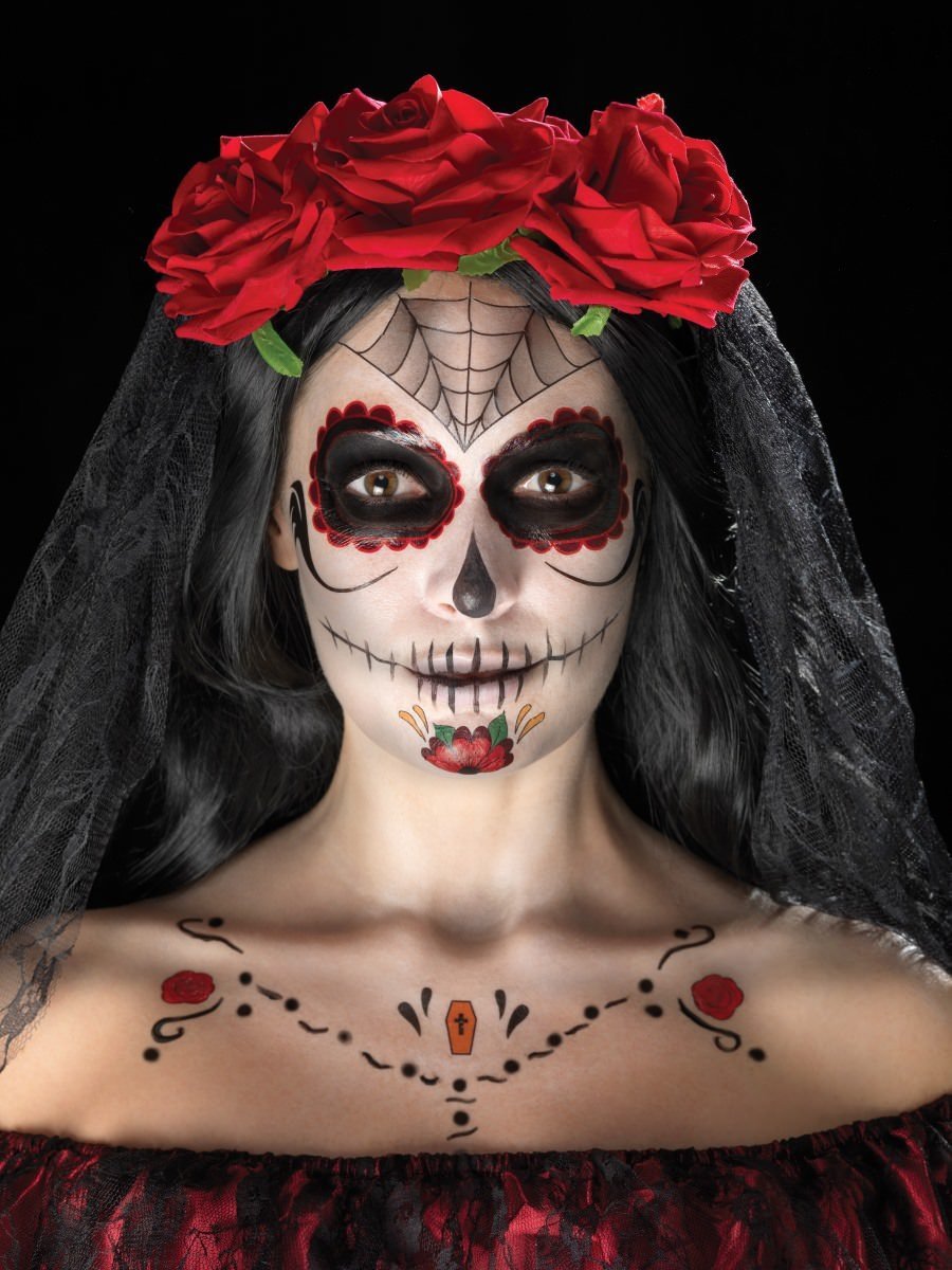 Day of the Dead Face Tattoo Transfers Kit, Red & Black