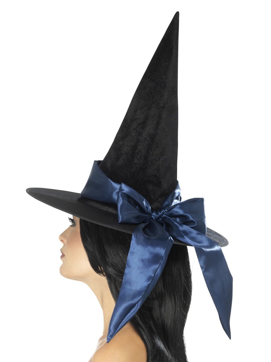 Deluxe Witch Hat, Black, with Blue Bow