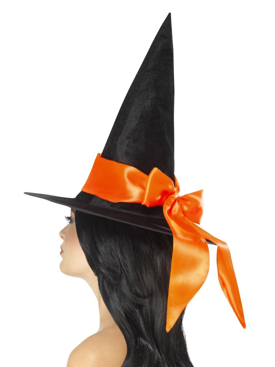 Deluxe Witch Hat, Black, with Orange Bow