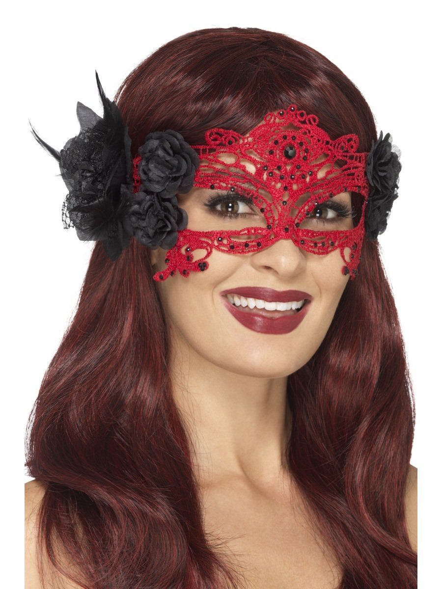 Embroidered Lace Filigree Devil Eyemask, Red & Black