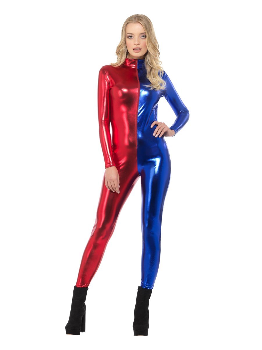Fever Miss Jester Whiplash Costume, Red & Blue, with Zip-Up Catsuit Alternative View 2.jpg