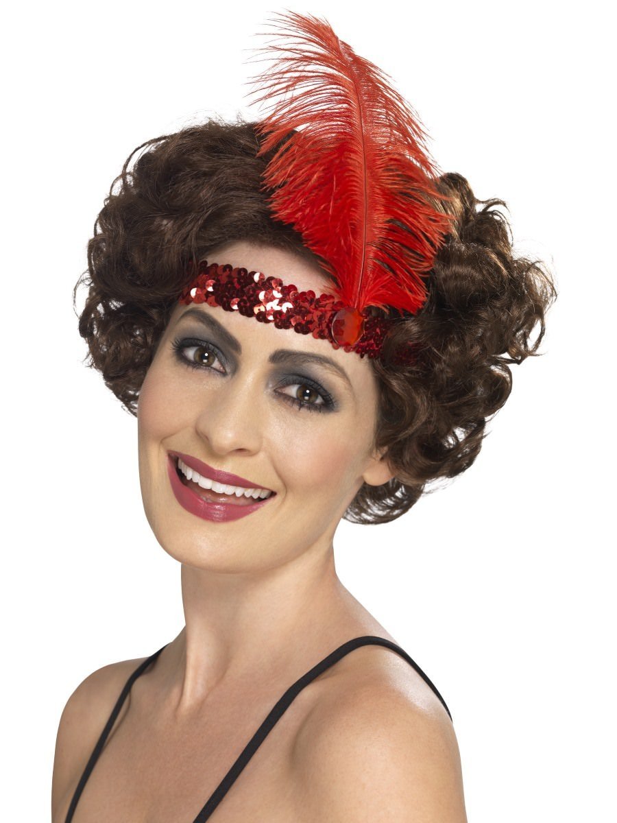 Flapper Headband, Red, with Feather