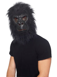 image of man wearing an overhead Gorilla MAsk with black fur
