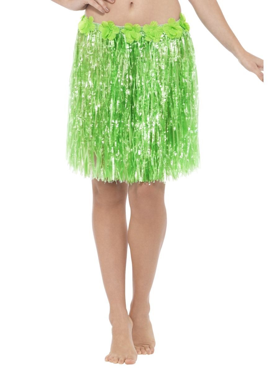 Hawaiian Hula Skirt with Flowers, Neon Green