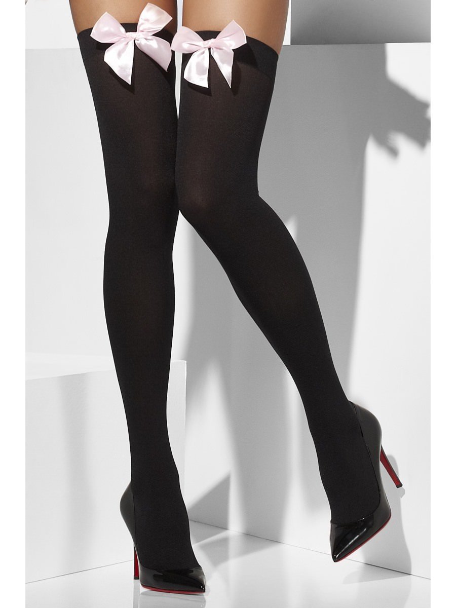 Opaque Hold-Ups, Black, with Pink Bows