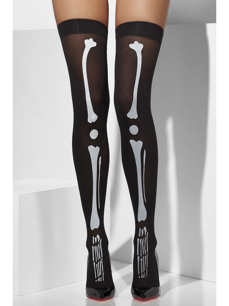 Opaque Hold-Ups, Black, with Skeleton Print Alternative View 1.jpg