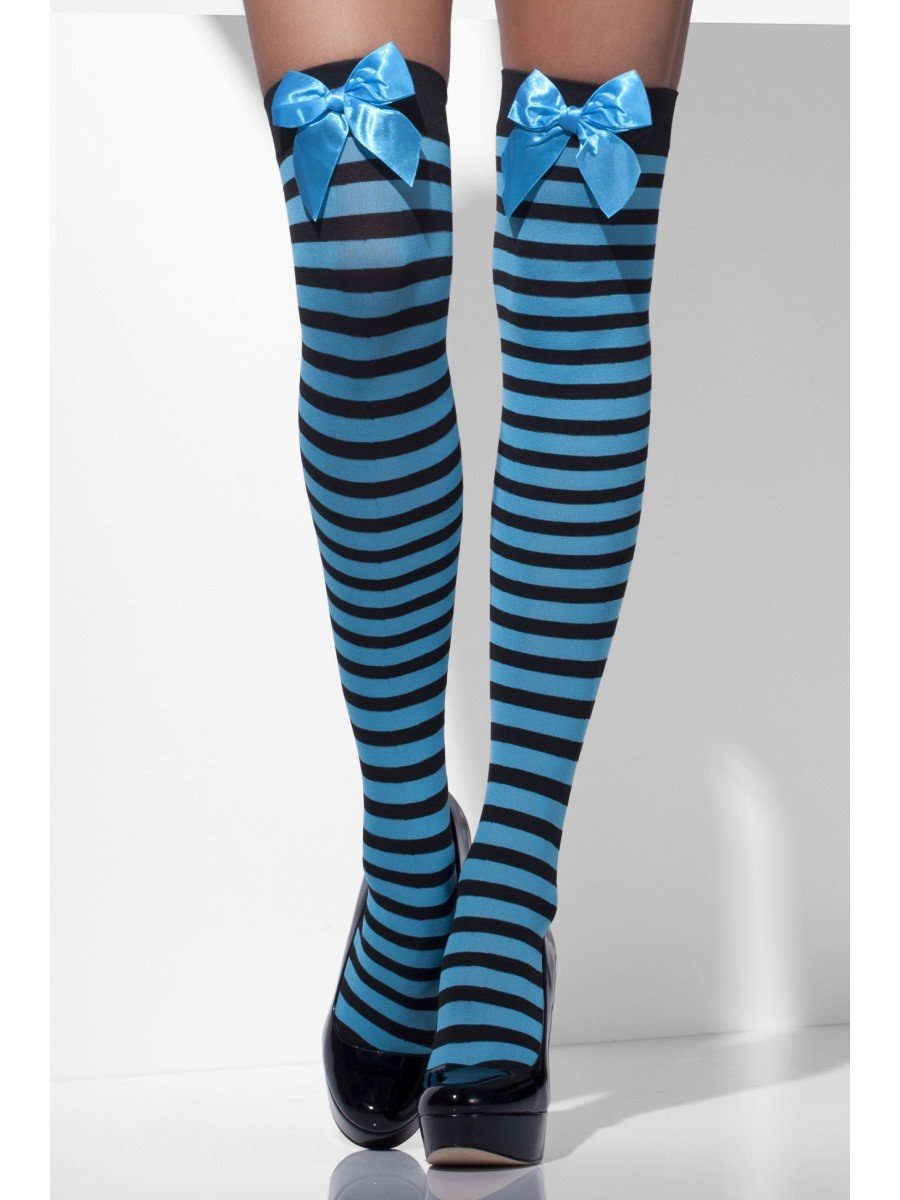Opaque Hold-Ups, Blue & Black, Striped with Bows Alternative View 2.jpg