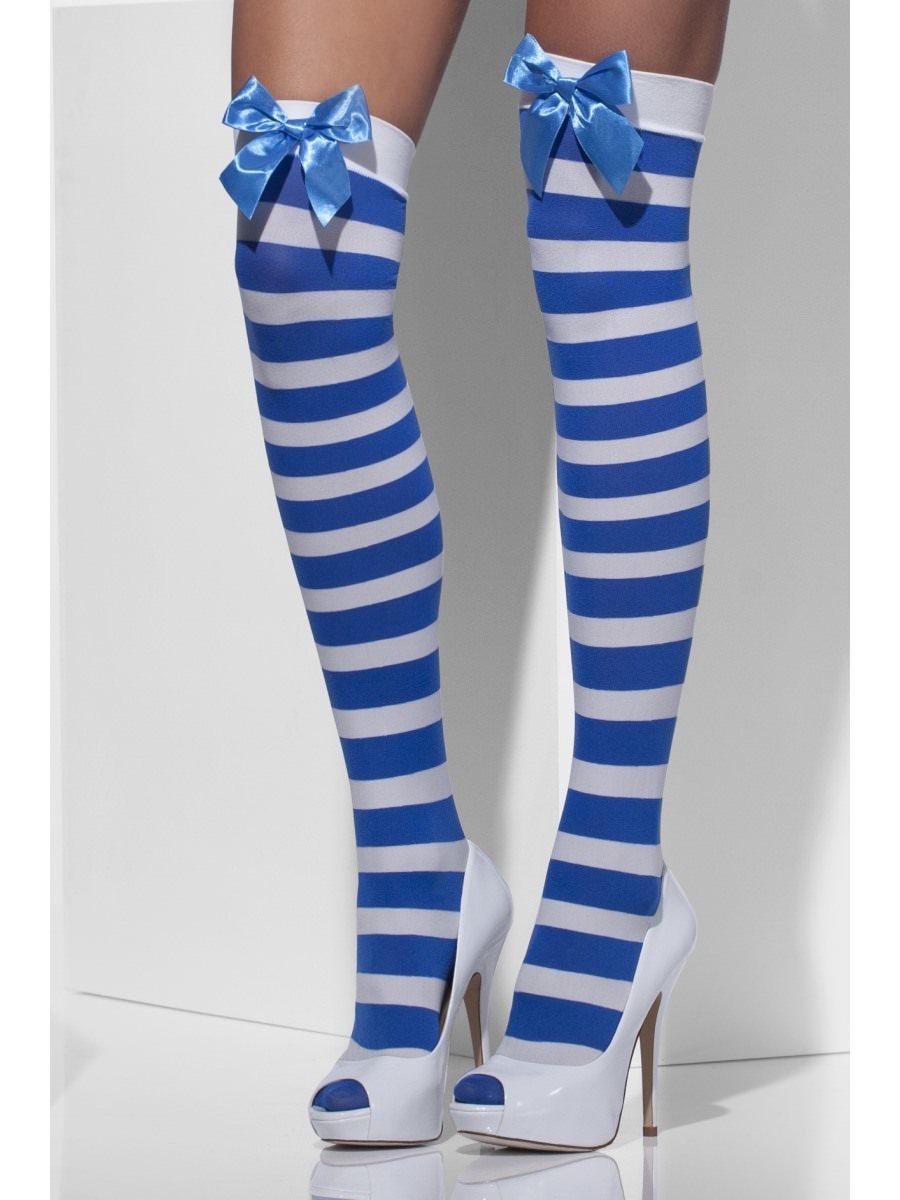 Opaque Hold-Ups, Blue & White, Striped with Bows Alternative View 1.jpg