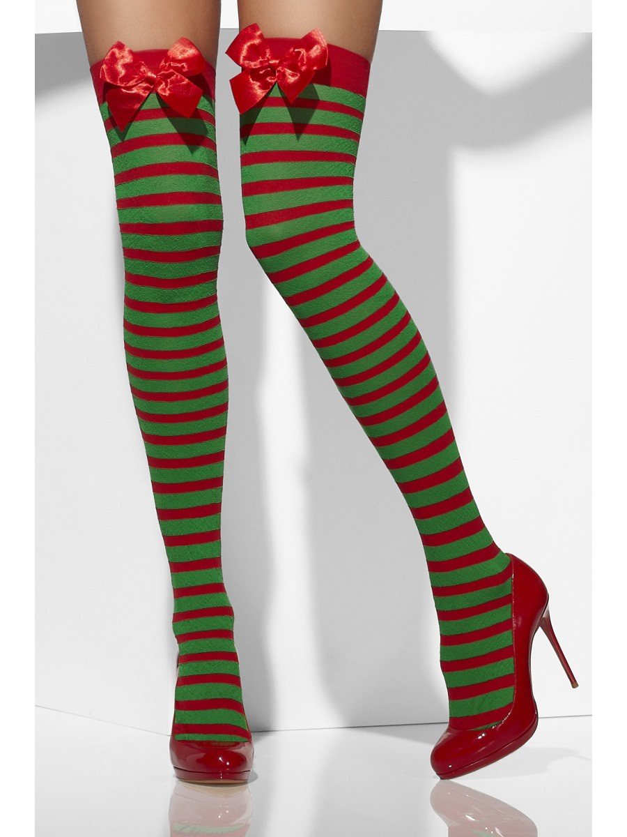 Opaque Hold-Ups, Red & Green, Striped with Bows Alternative View 1.jpg