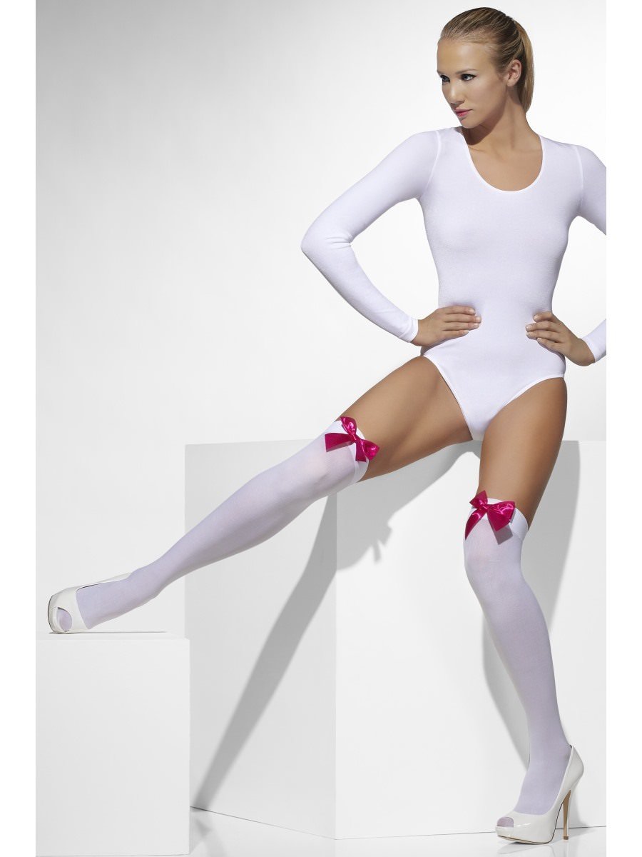 Opaque Hold-Ups, White, with Fuchsia Bows