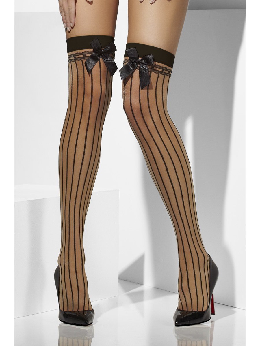 Sheer Hold-Ups, Nude, Vertical Stripes and Bows