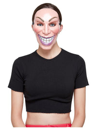 woman wearing plastic moulded 'The Purge' mask with big mouth and teeth showing